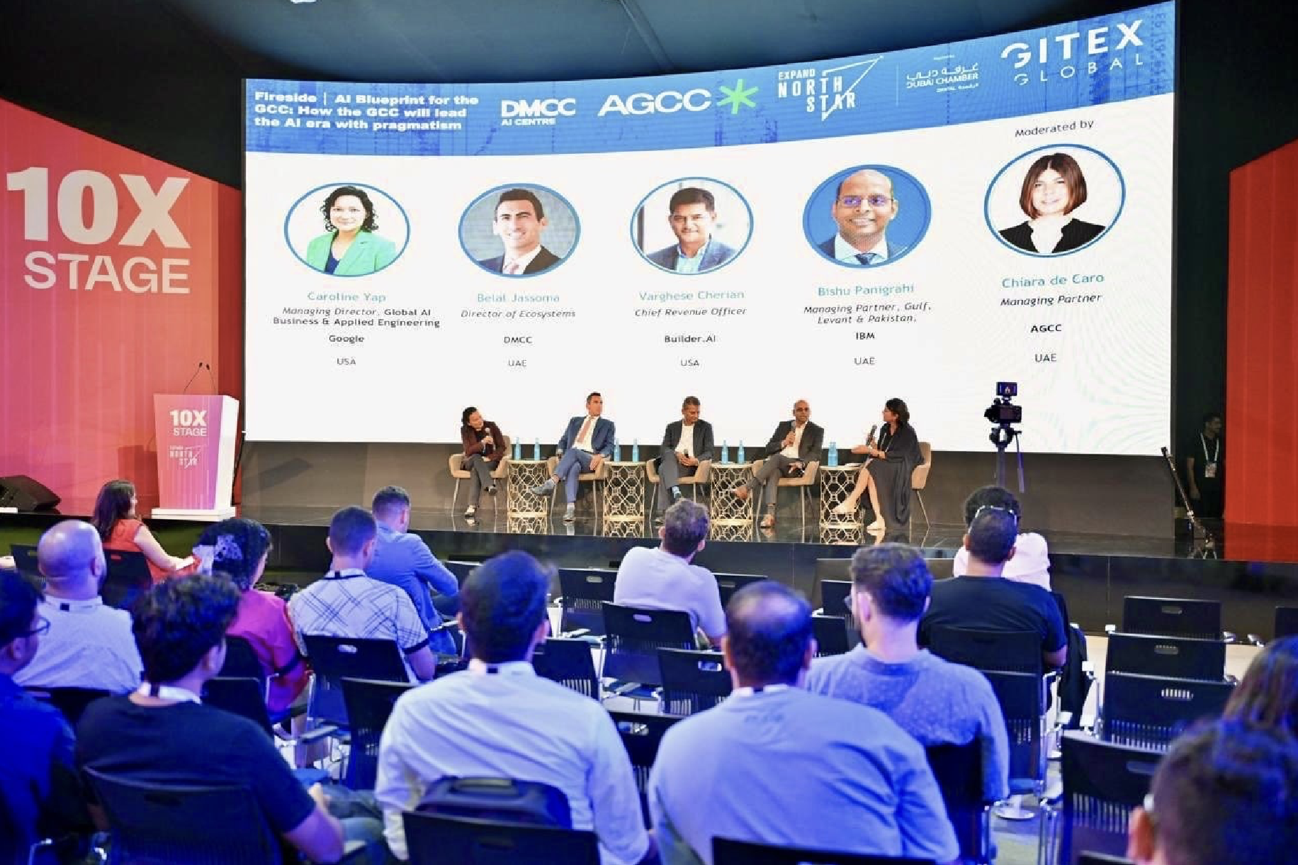 Roundtable discussion at AGCC's session on the 10x Stage at Expand North Star 2024, exploring how the GCC will lead the AI era with pragmatism, featuring experts from Google, DMCC, Builder.ai, and IBM.