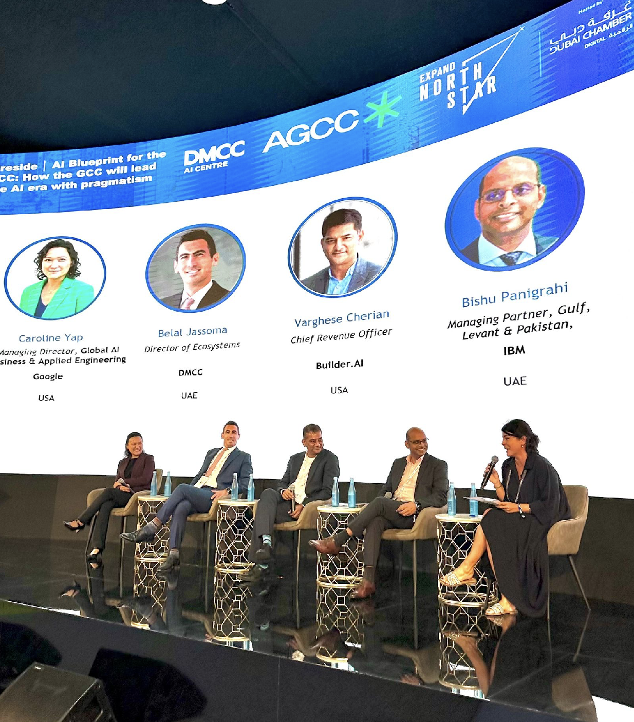 AGCC panel on the AI Blueprint for the GCC at the 10x Stage during Expand North Star 2024, featuring experts from Google, DMCC, Builder.ai, and IBM.