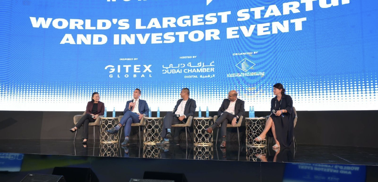 Panel discussion at the world’s largest startup and investor event, featuring AGCC session with experts discussing AI and innovation during Expand North Star 2024.